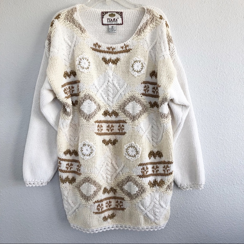 Vintage 90s Patterned Cream & Yellow Knit Sweater